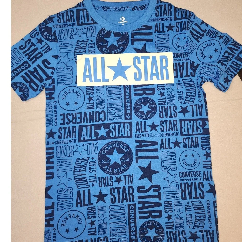 Converse T-Shirt Boys Small 8-10 Blue Excellent All Over Print Graphic Tee